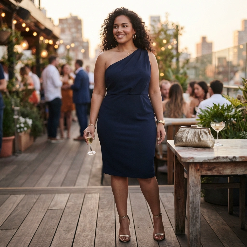 One-Shoulder Dress & Heels with a Clutch