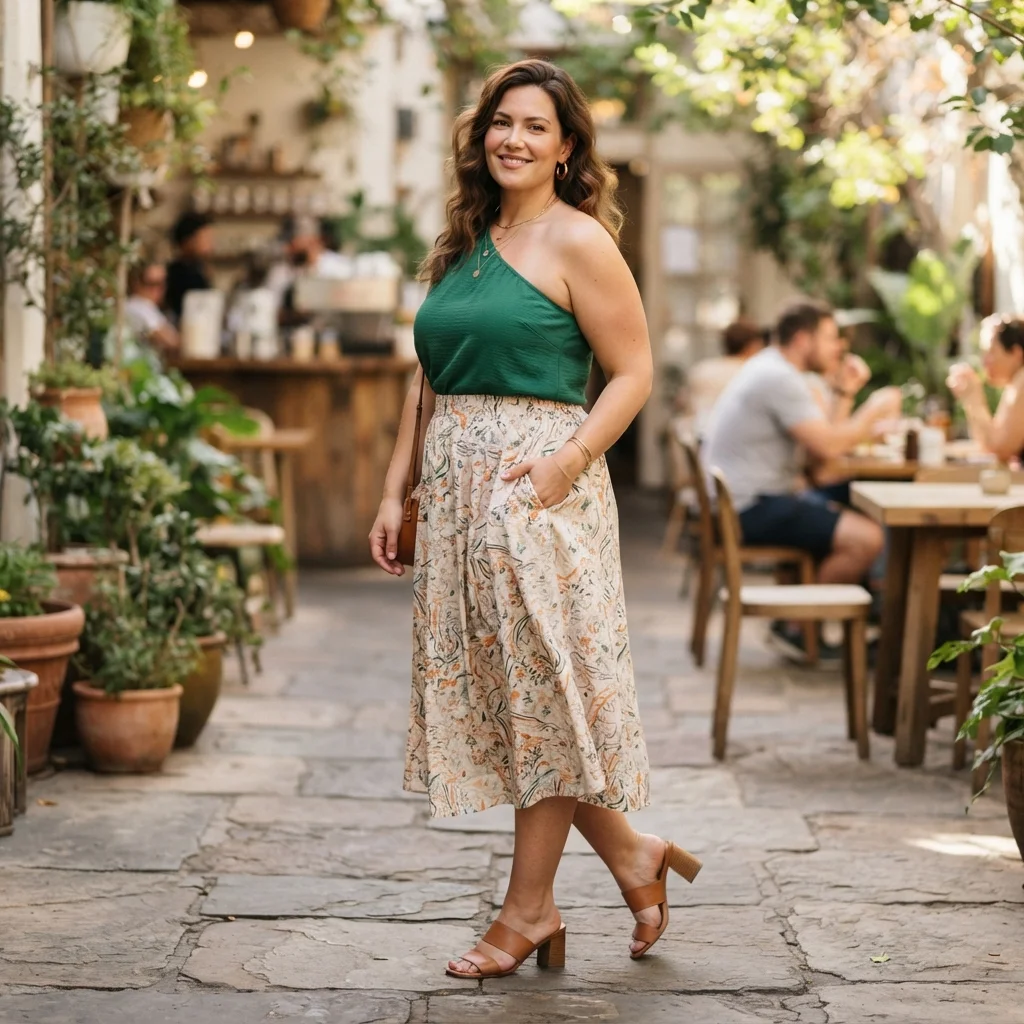One-Shoulder Top & Midi Skirt with Heels
