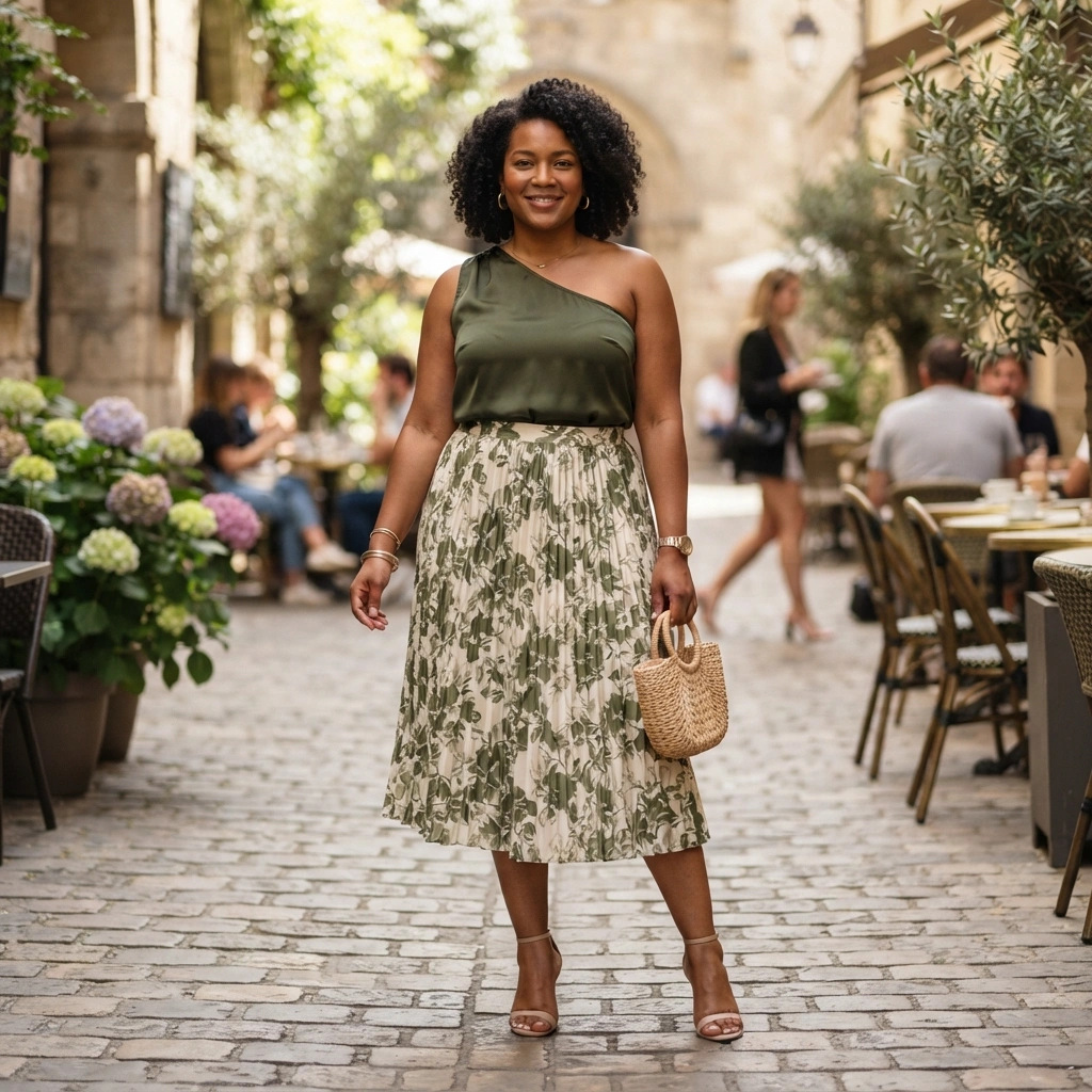One-Shoulder Top & Midi Skirt with Heels