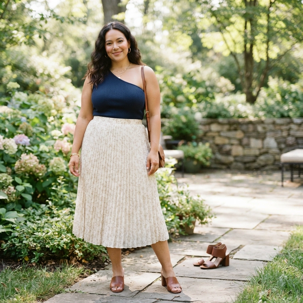 One-Shoulder Top & Midi Skirt with Heels