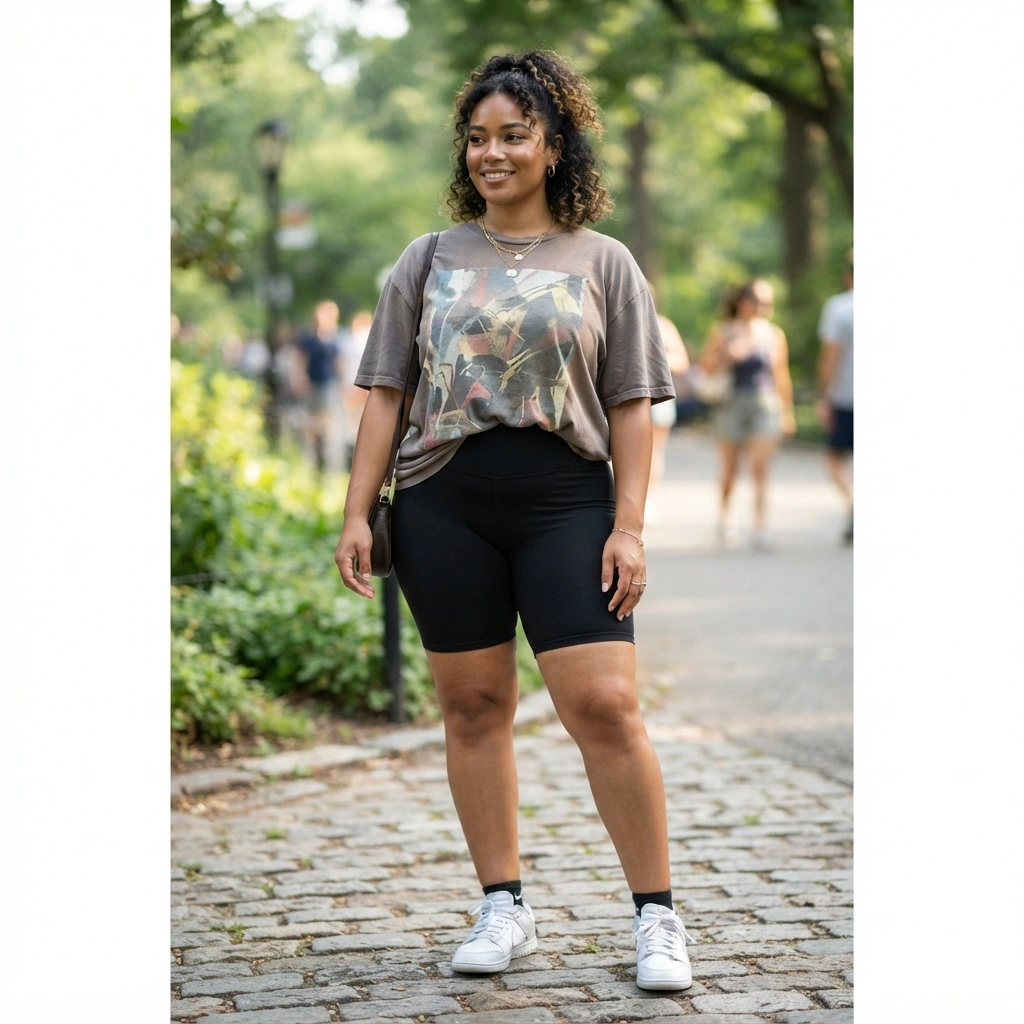 Oversized Graphic Tee and Biker Shorts with Sneakers
