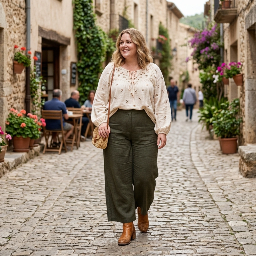 Peasant Blouse & Wide Leg Pants with Ankle Boots