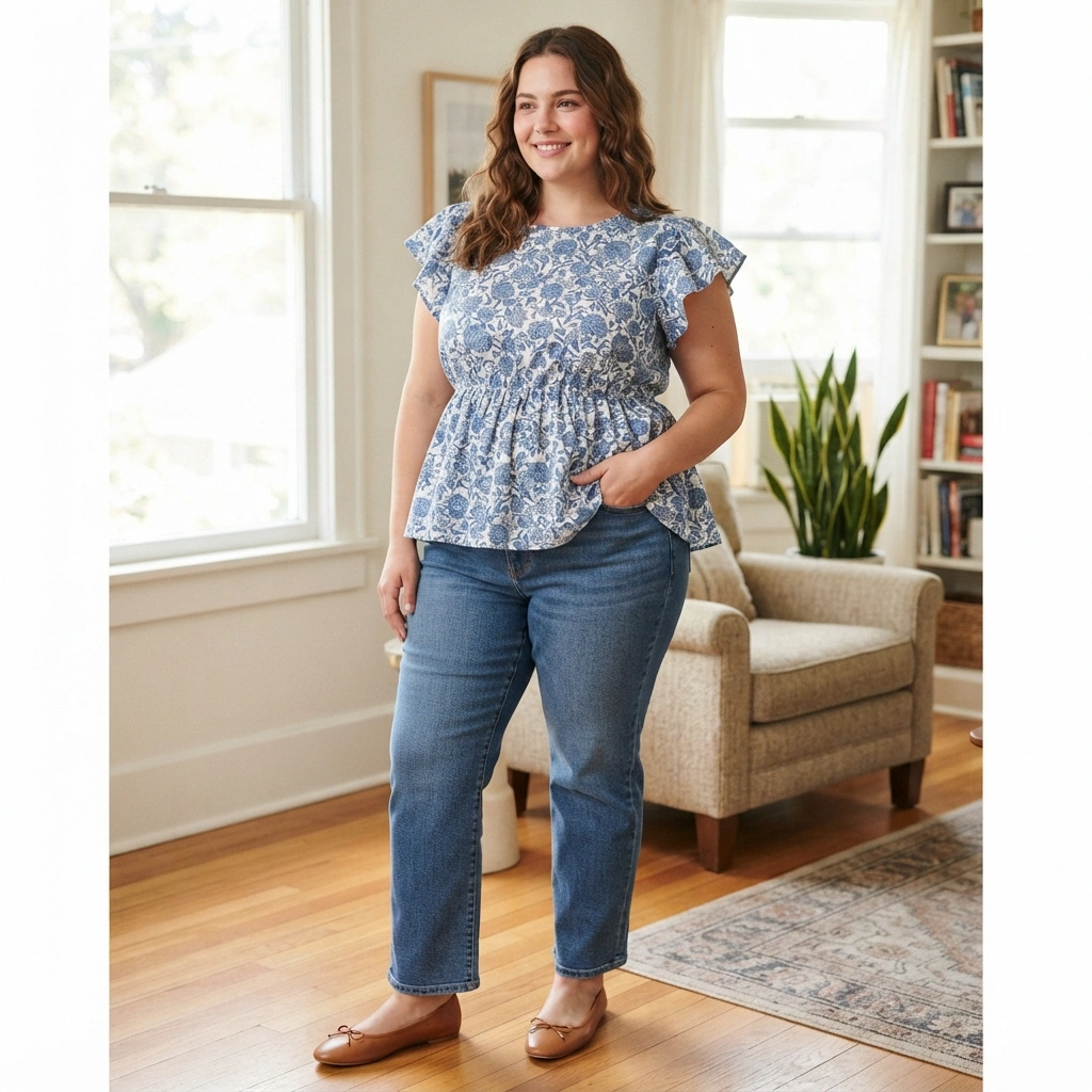 Peplum Top & Straight-Leg Jeans with Flats