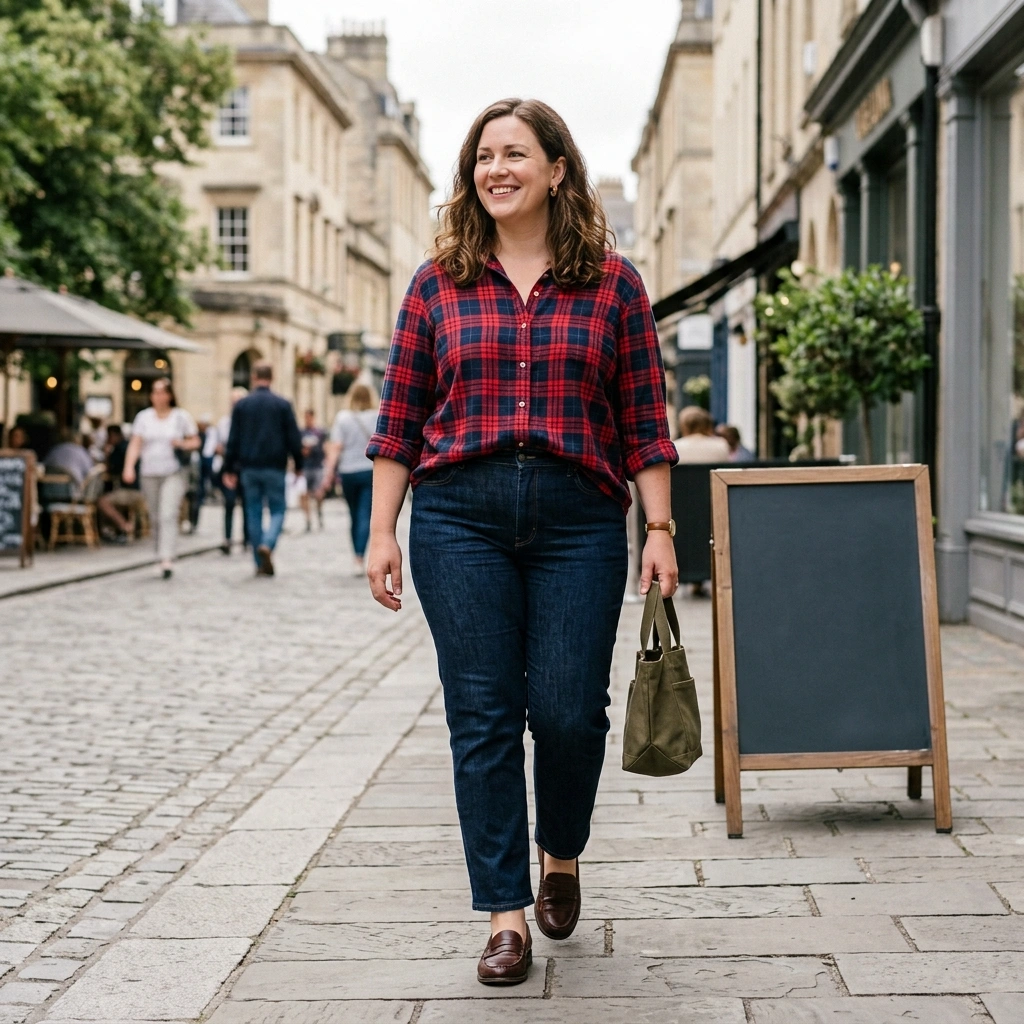 Plaid Blouse & Straight Jeans with Loafers