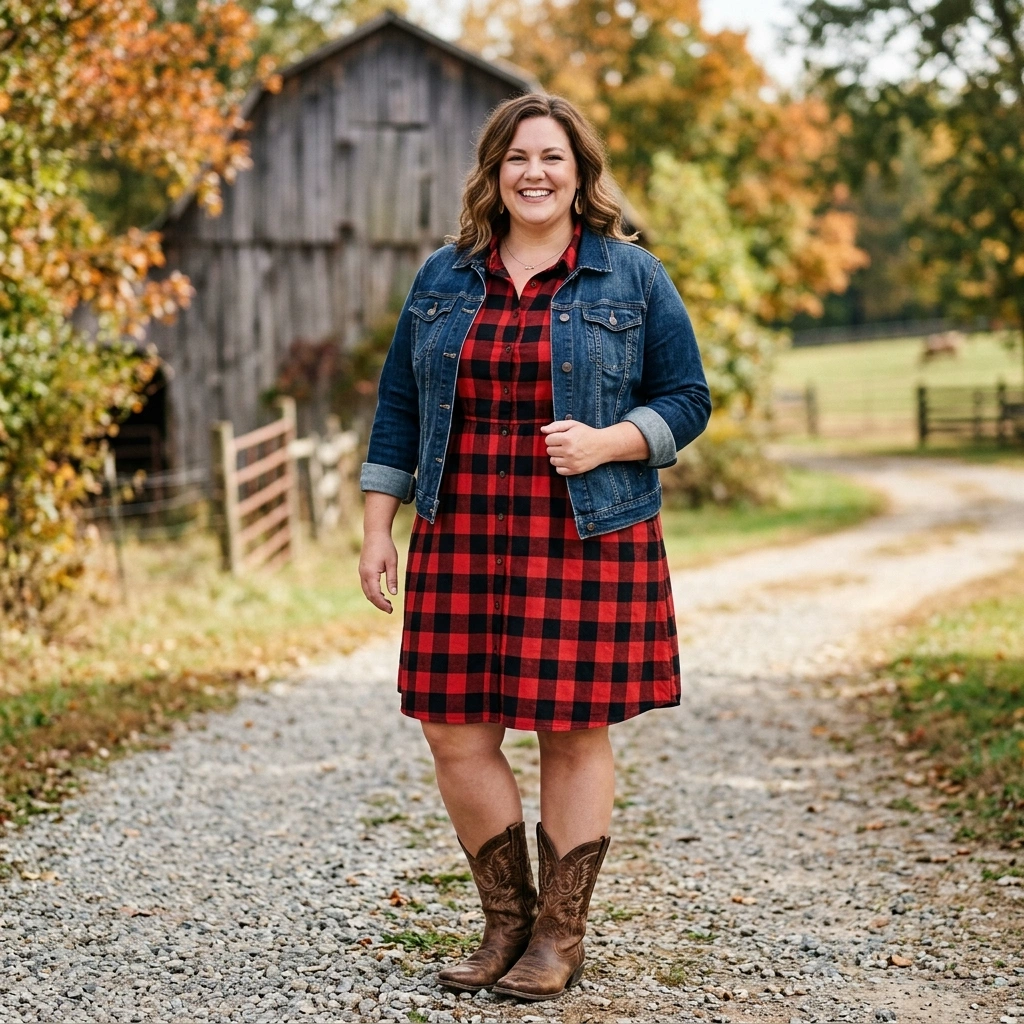 Plaid Dress & Denim Jacket with Cowboy Boots