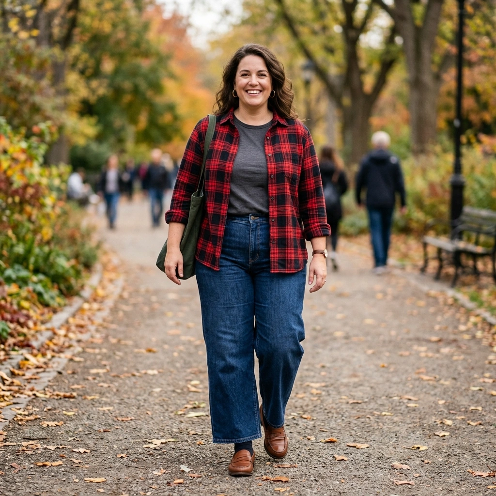 Plaid Flannel & Wide Leg Denim with Loafers