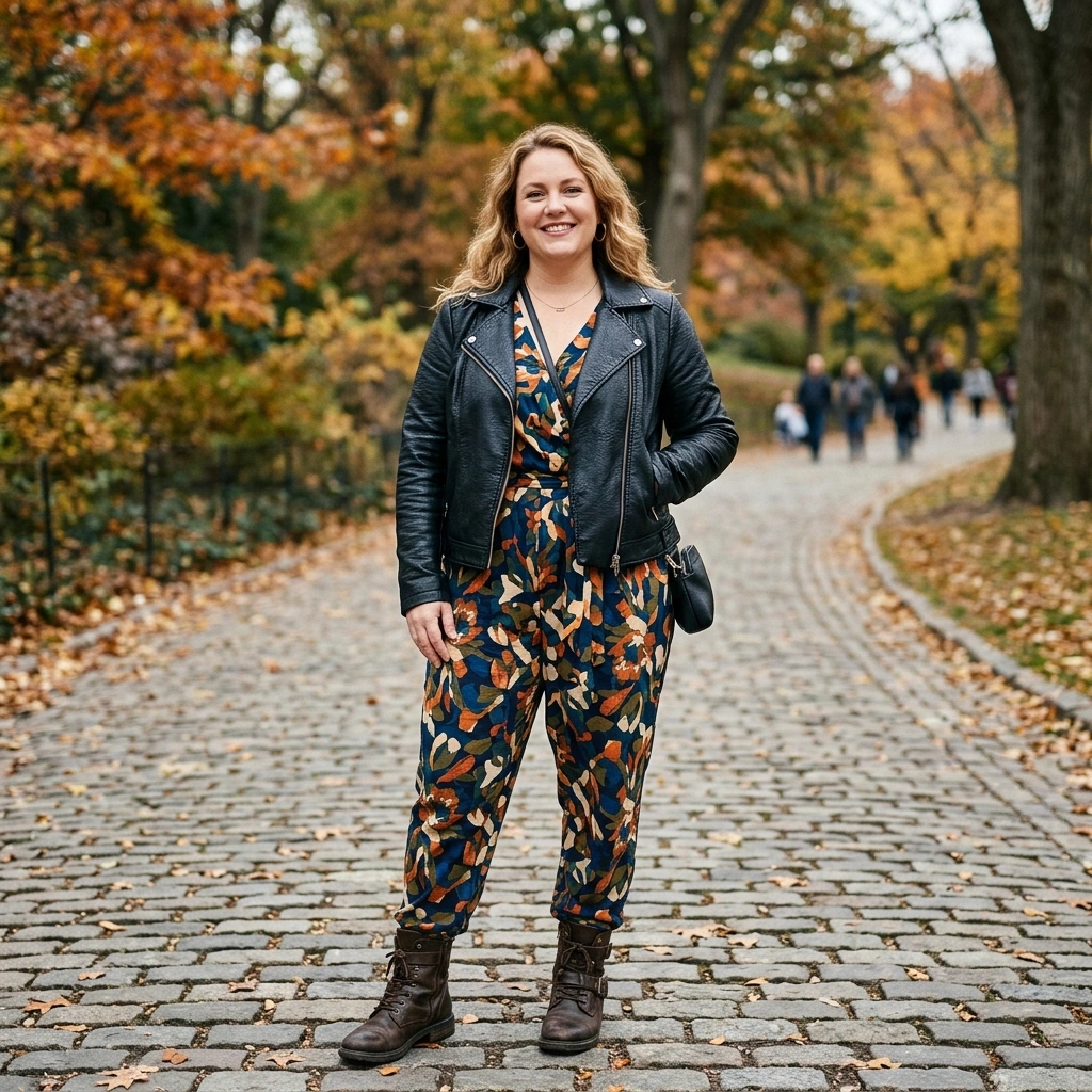 Printed Jumpsuit & Leather Jacket with Boots