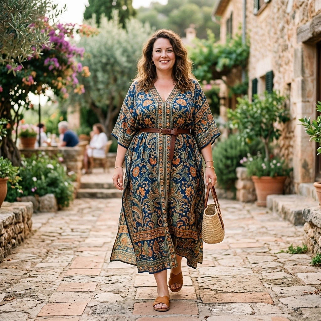 Printed Kaftan & Slim Belt with Sandals