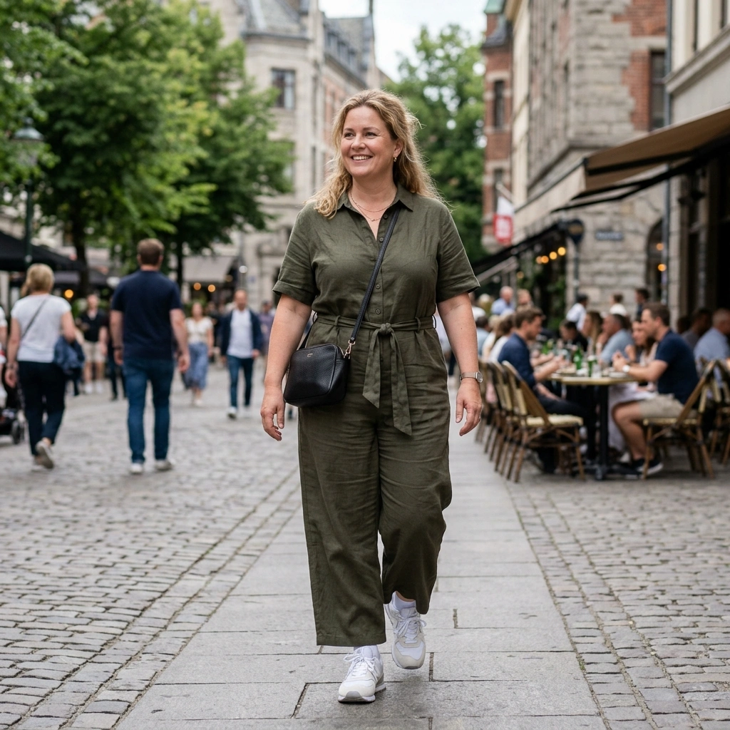 Relaxed Jumpsuit & Sneakers with Crossbody Bag