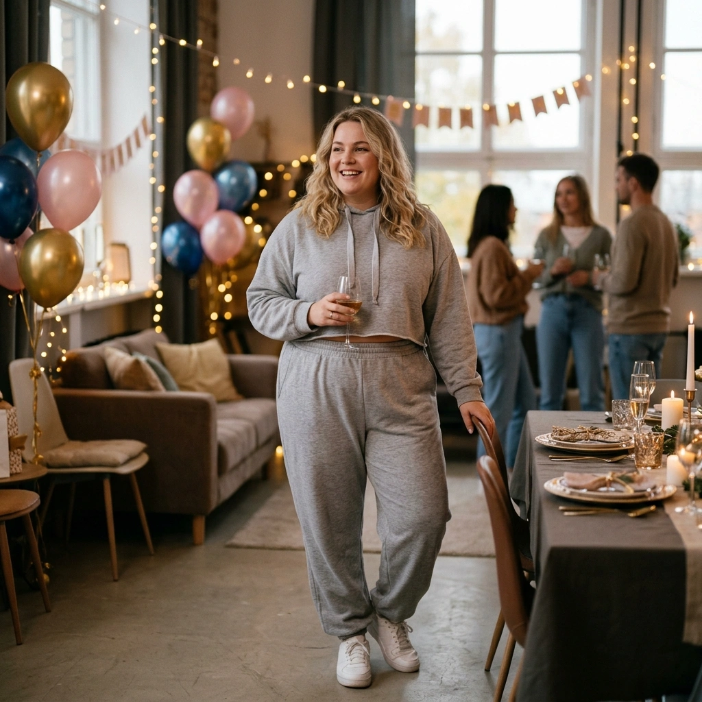 Relaxed Sweatpants & Cropped Hoodie with Sneakers