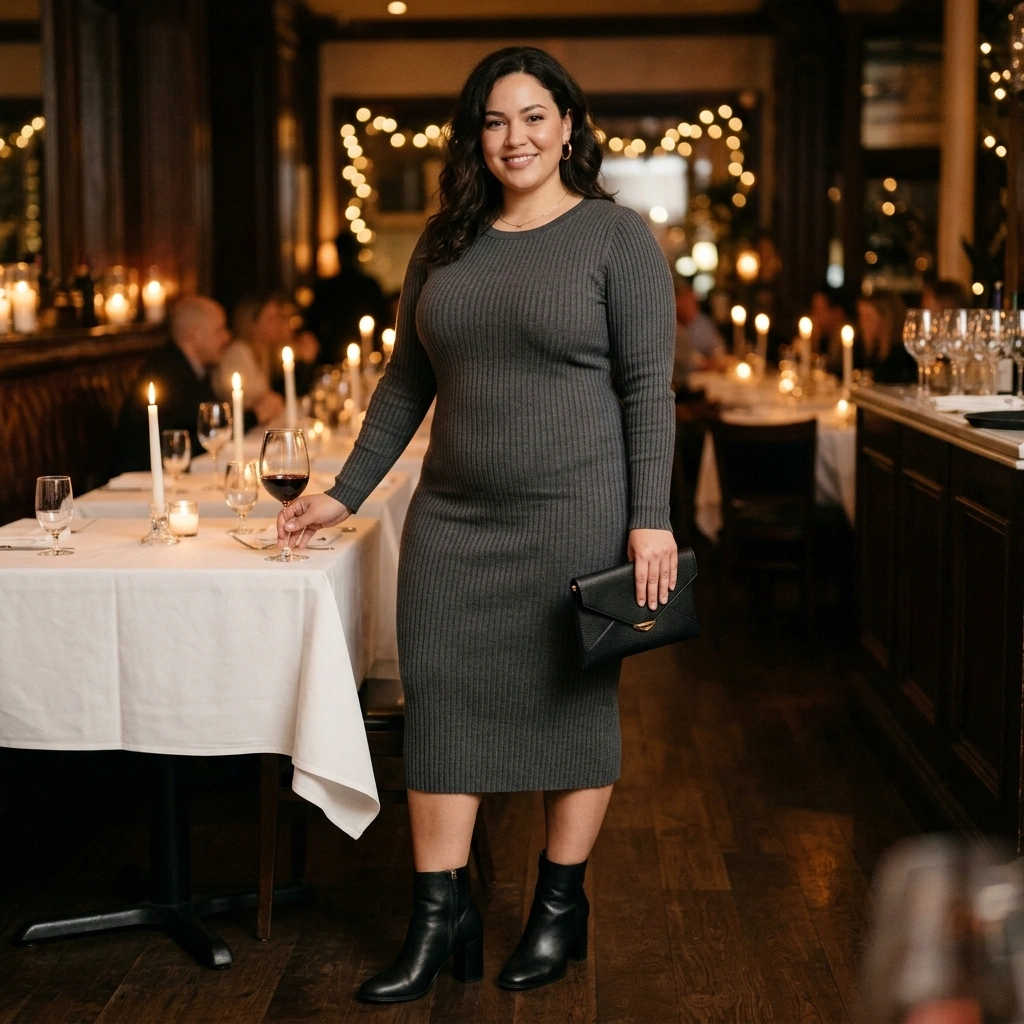 Ribbed Knit Dress & Heeled Ankle Boots with a Clutch