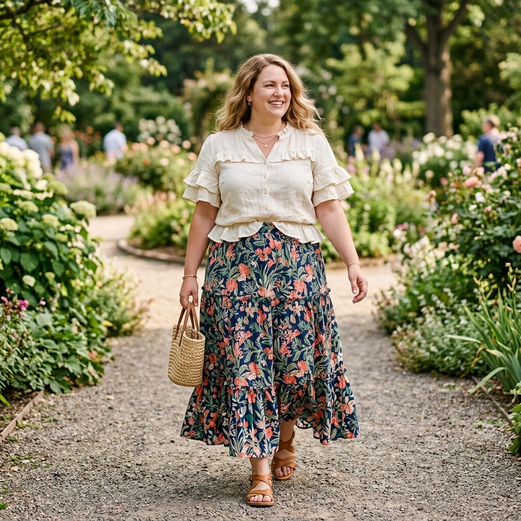 Ruffled Blouse & Maxi Skirt with Sandals