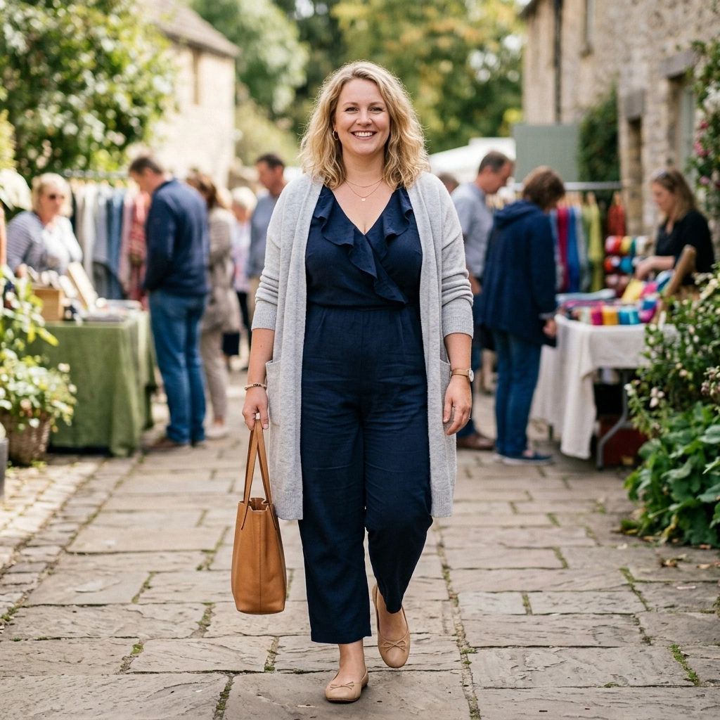 Ruffled Jumpsuit & Cardigan with Flats