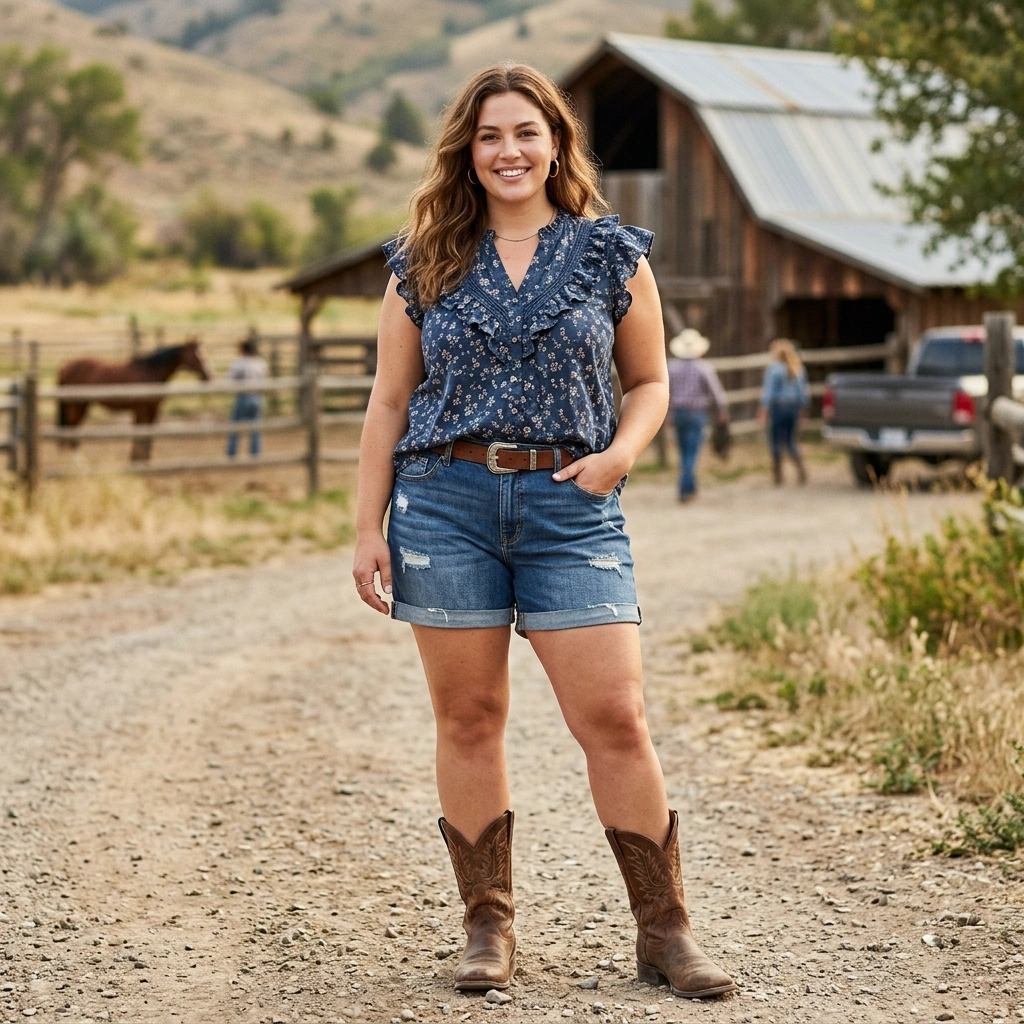 Ruffled Western Top & Denim Shorts with Boots