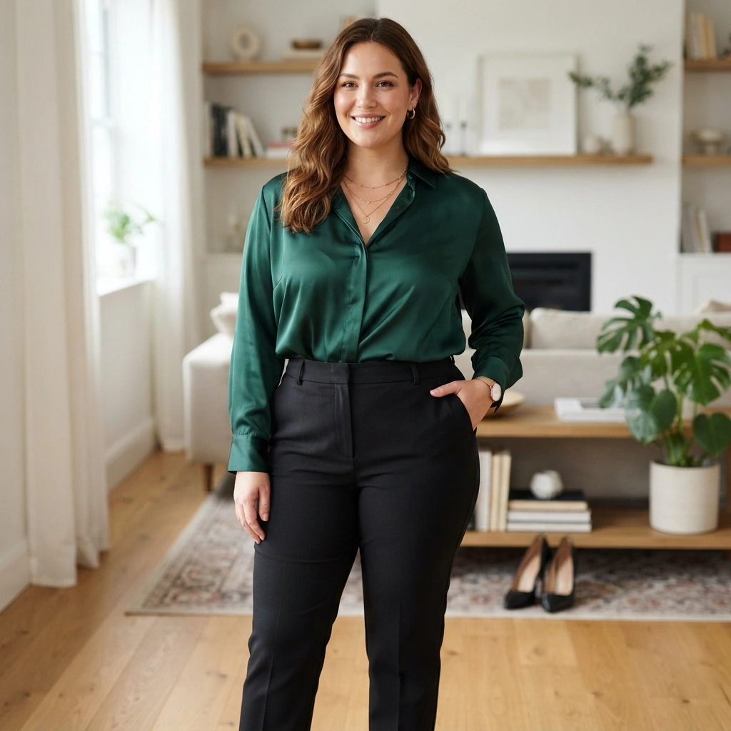 Satin Blouse & Tailored Pants with Pumps