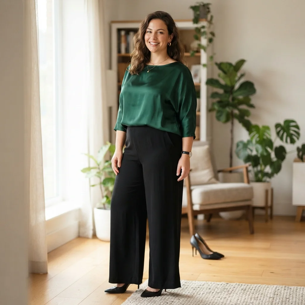 Satin Blouse & Wide-Leg Pants with Pumps