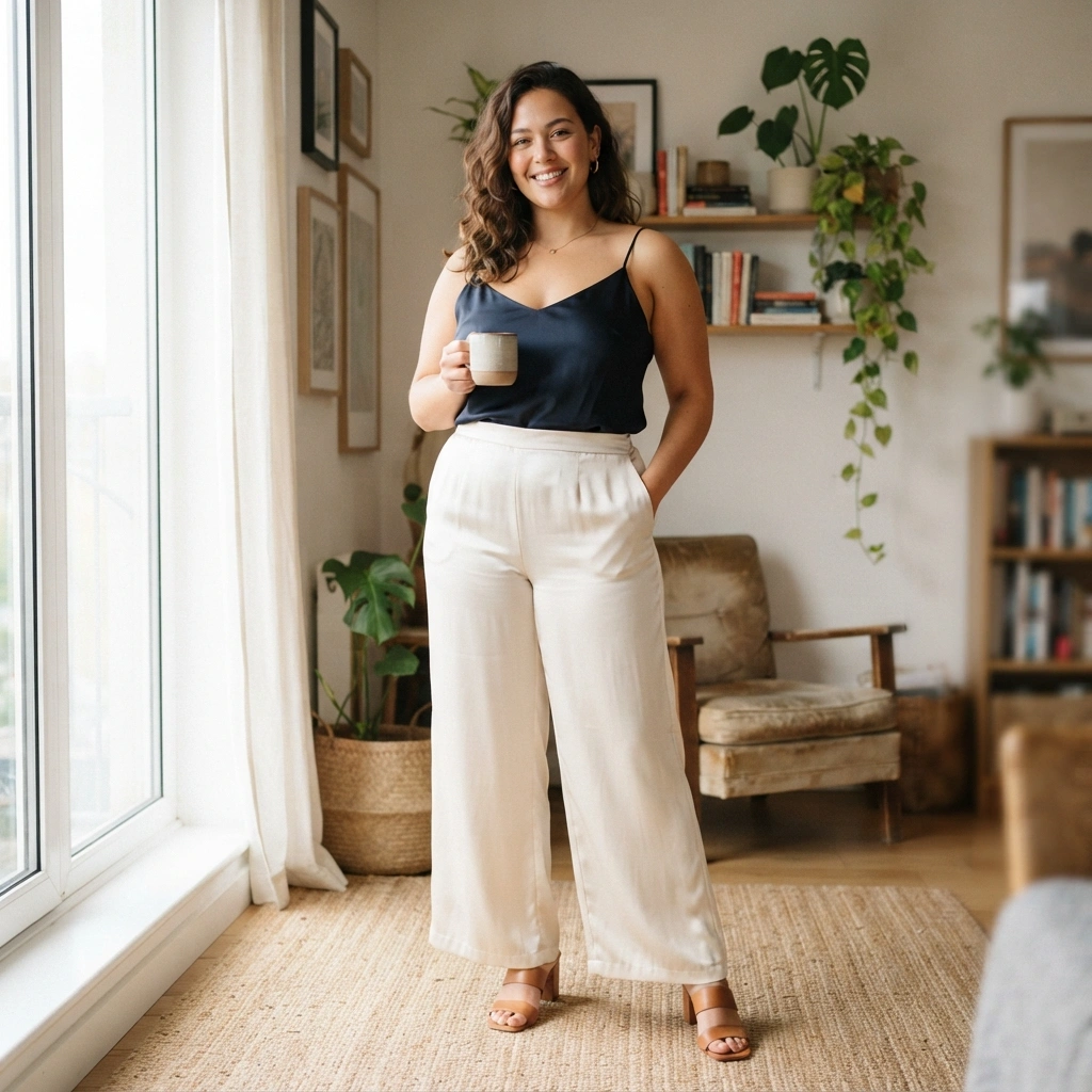 Satin Cami & Wide-Leg Trousers with Heels