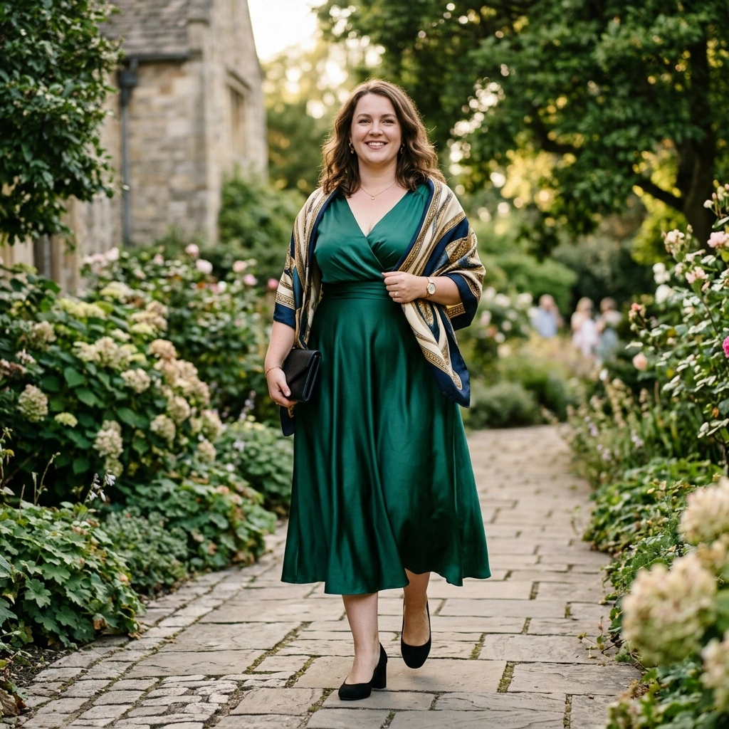 Satin Midi Dress & Elegant Shawl with Heels