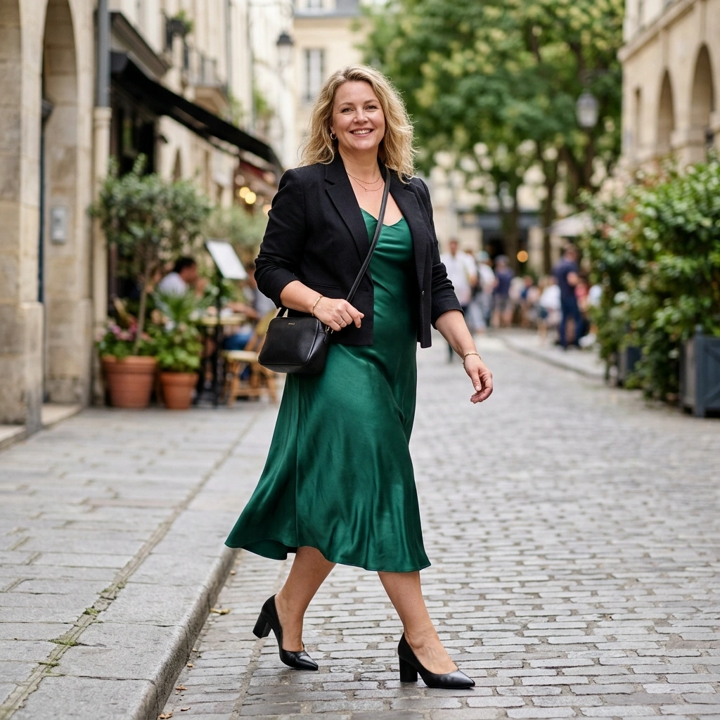 Satin Slip Dress & Cropped Blazer with Pumps