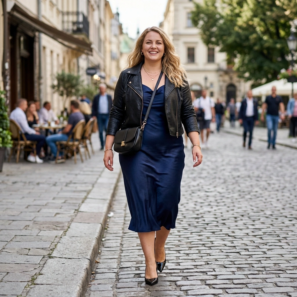 Satin Slip Dress & Cropped Jacket with Stilettos