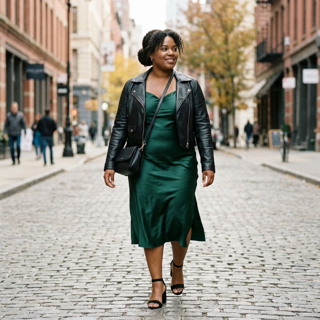 Satin Slip Dress & Cropped Leather Jacket with Heels