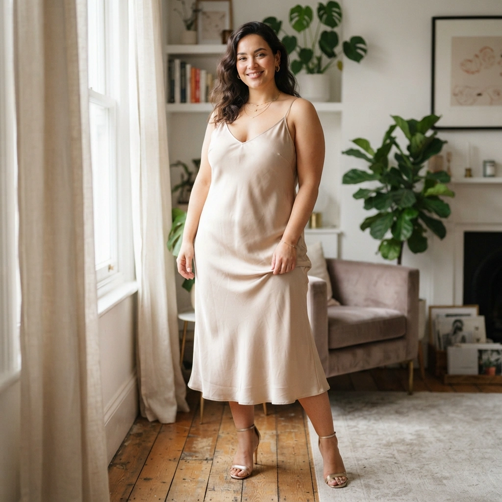 Satin Slip Dress & Heels with Delicate Jewelry