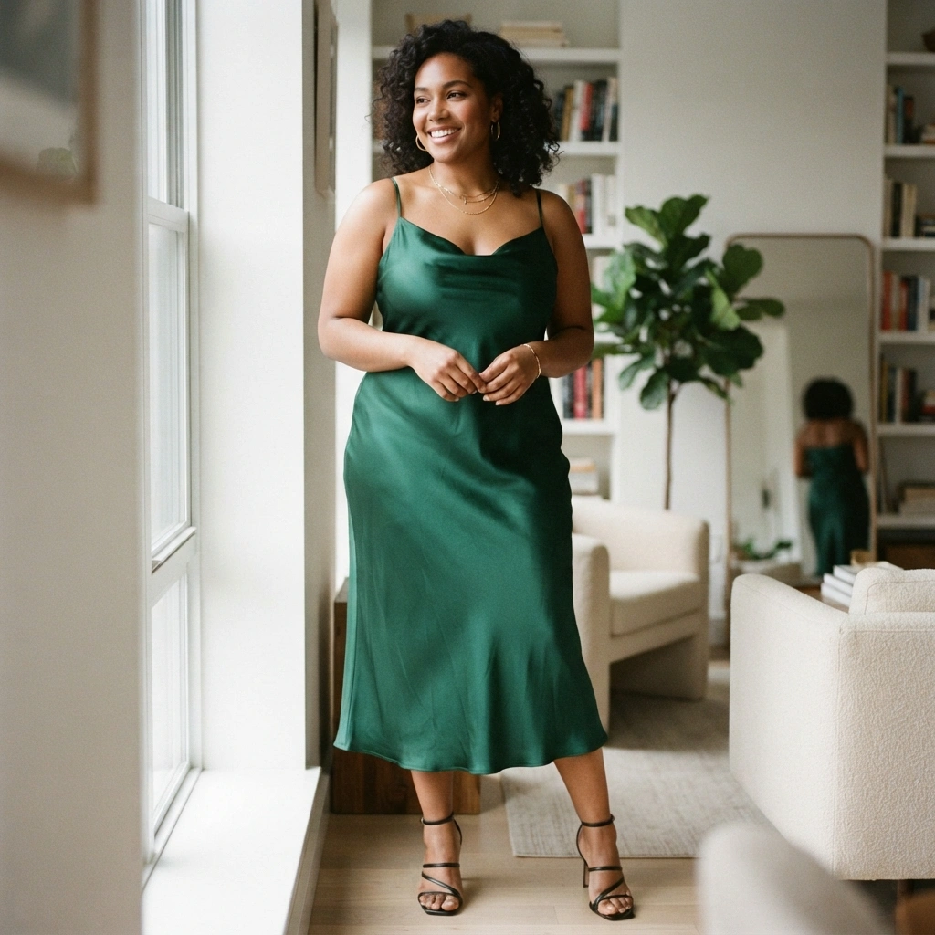 Satin Slip Dress & Heels with Delicate Jewelry