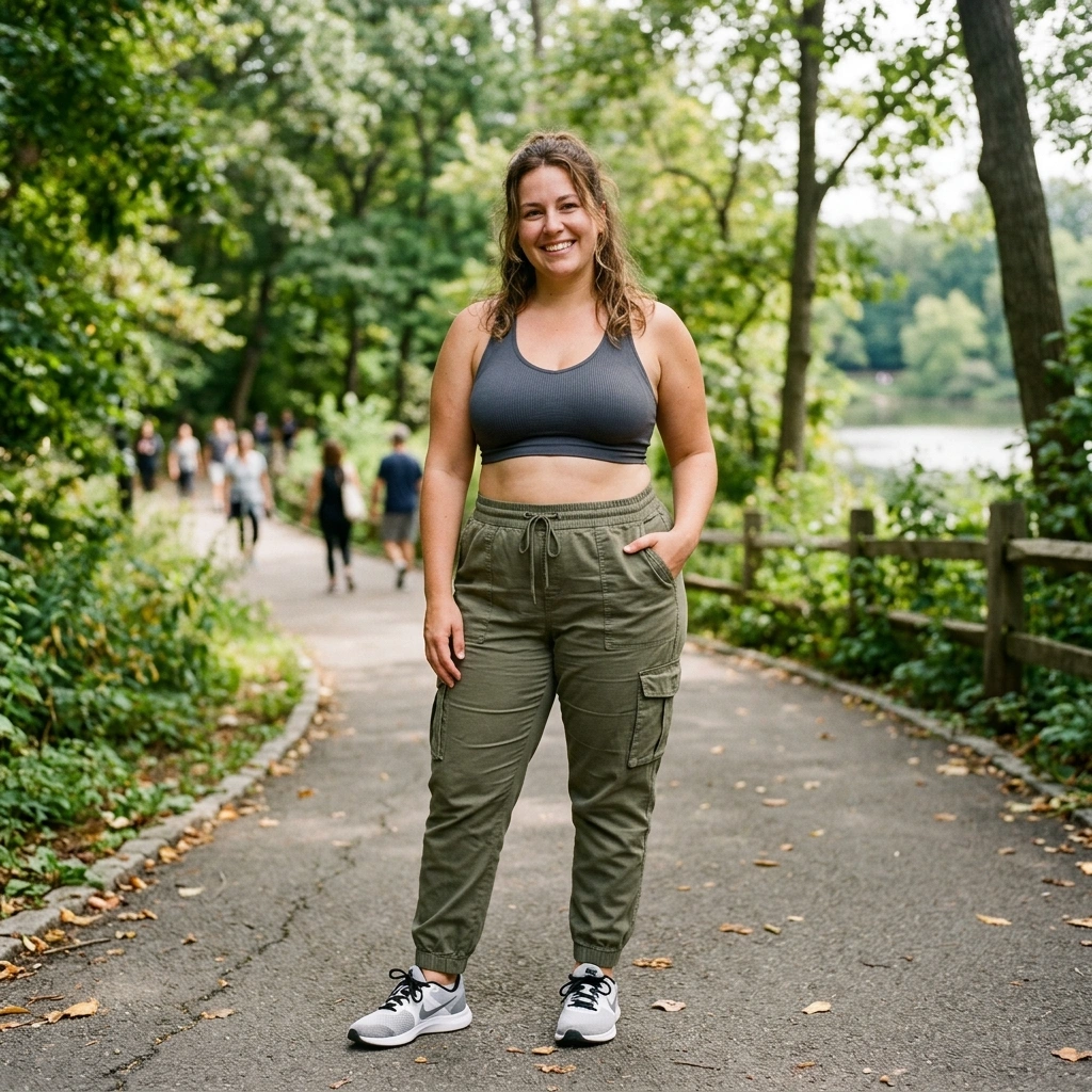 Seamless Sports Bra & Cargo Joggers with Trainers