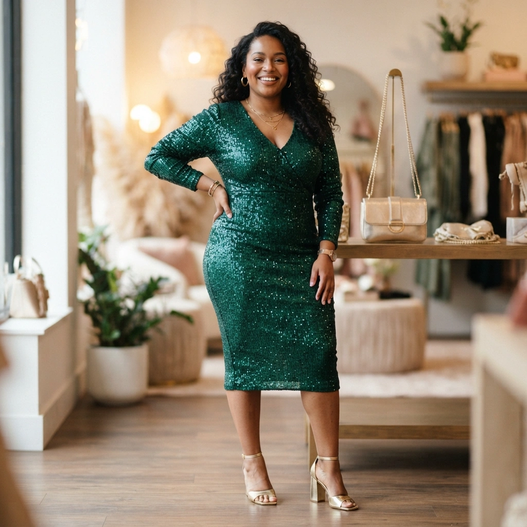 Sequin Dress & Heels with a Mini Bag