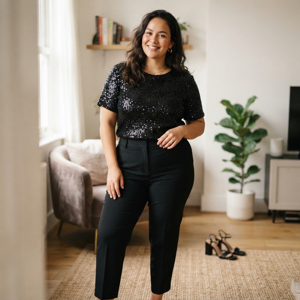 Sequin Top & Black Pants with Heels