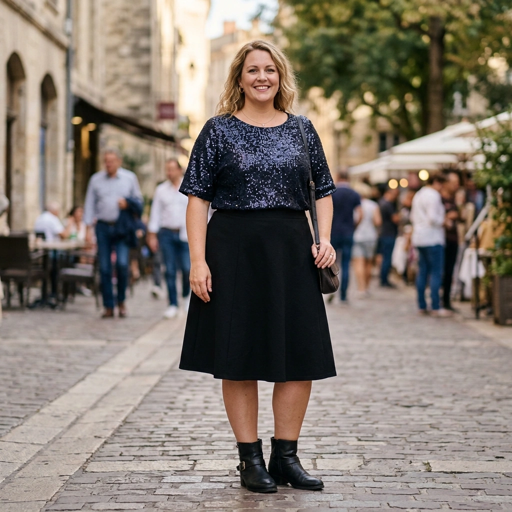 Sequin Top & Black Skirt with Ankle Boots