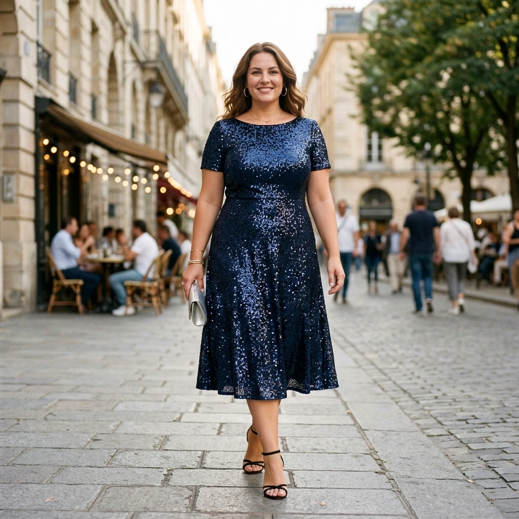 Sequined Midi Dress & Strappy Heels with Clutch