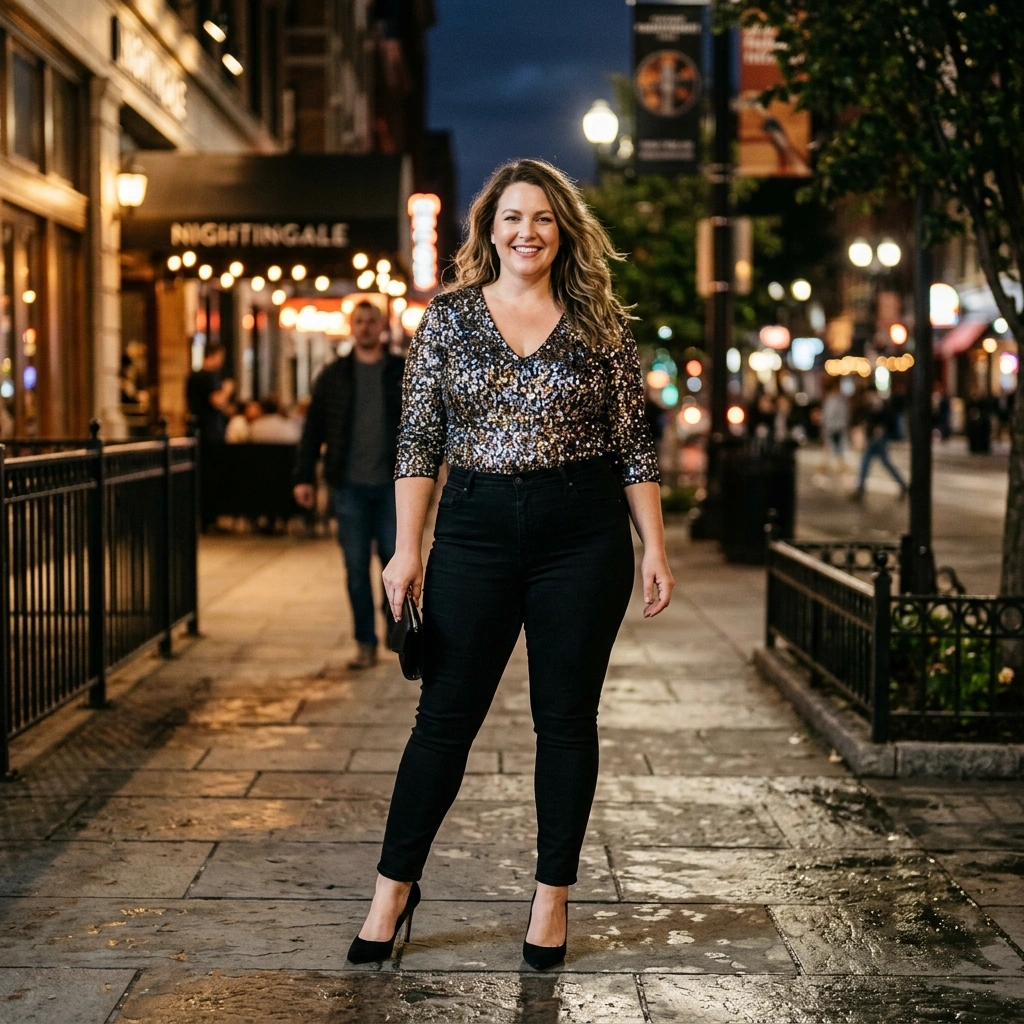 Sequined Top & Black Jeans with Stilettos