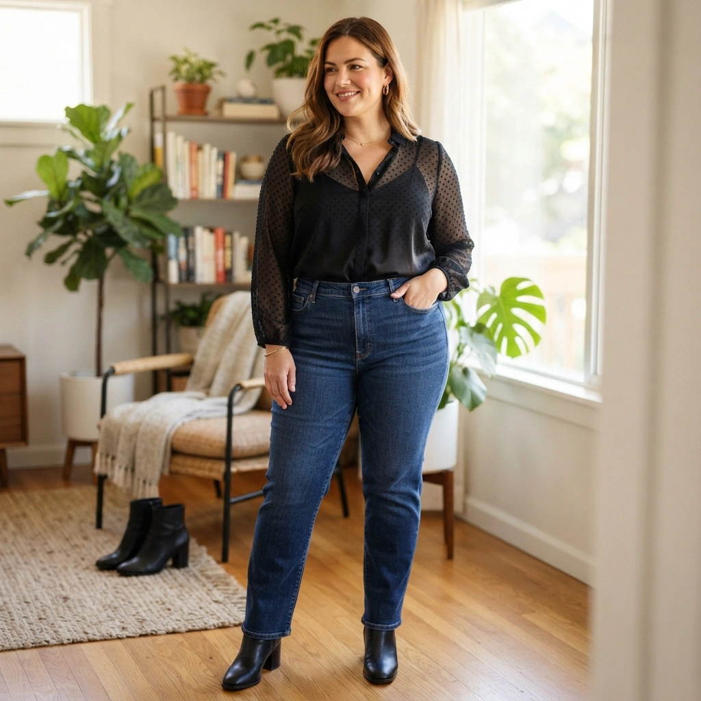 Sheer Blouse & Camisole with Jeans & Heels