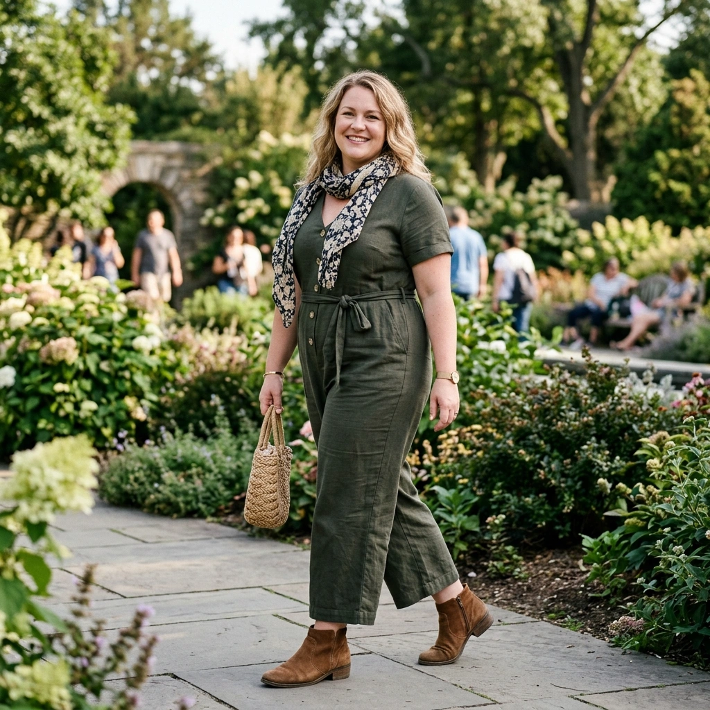 Short Sleeve Jumpsuit & Ankle Boots with Scarf