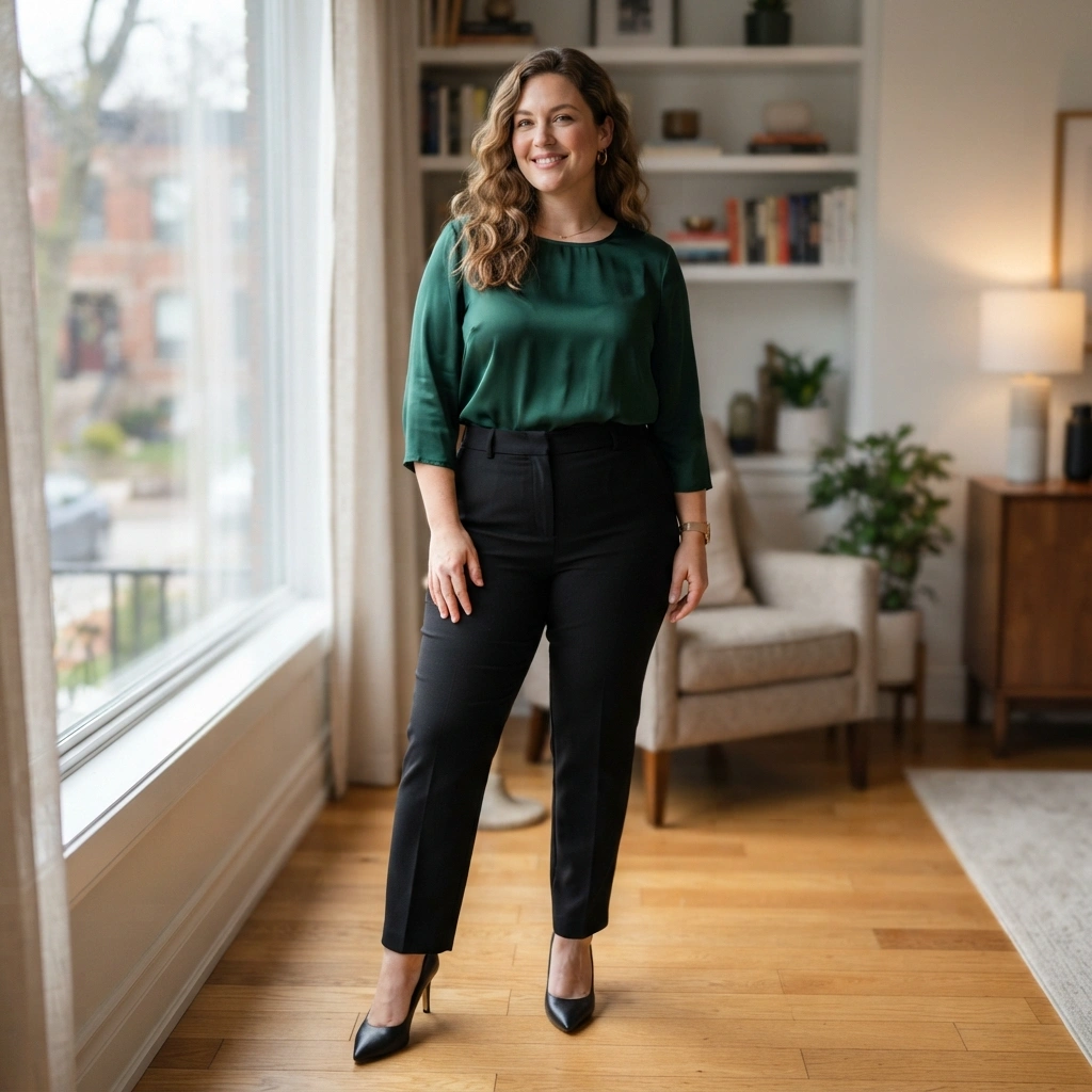 Silk Blouse & Tailored Pants with Pumps