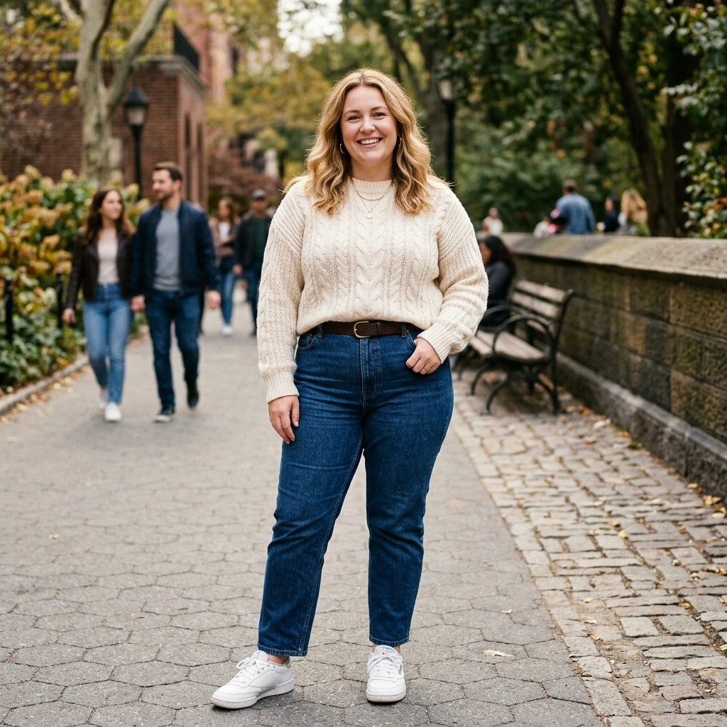 Soft Sweater & High-Waisted Jeans with Sneakers