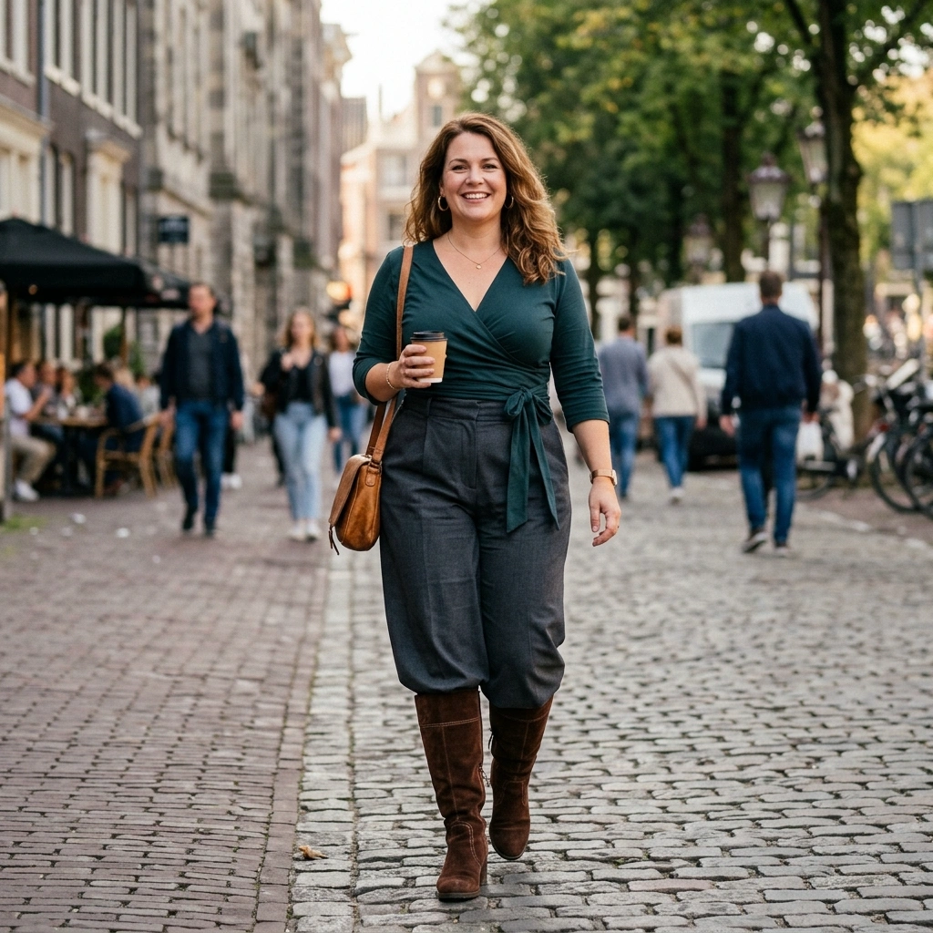 Suede Boots & Wrap Top with Wide Pants