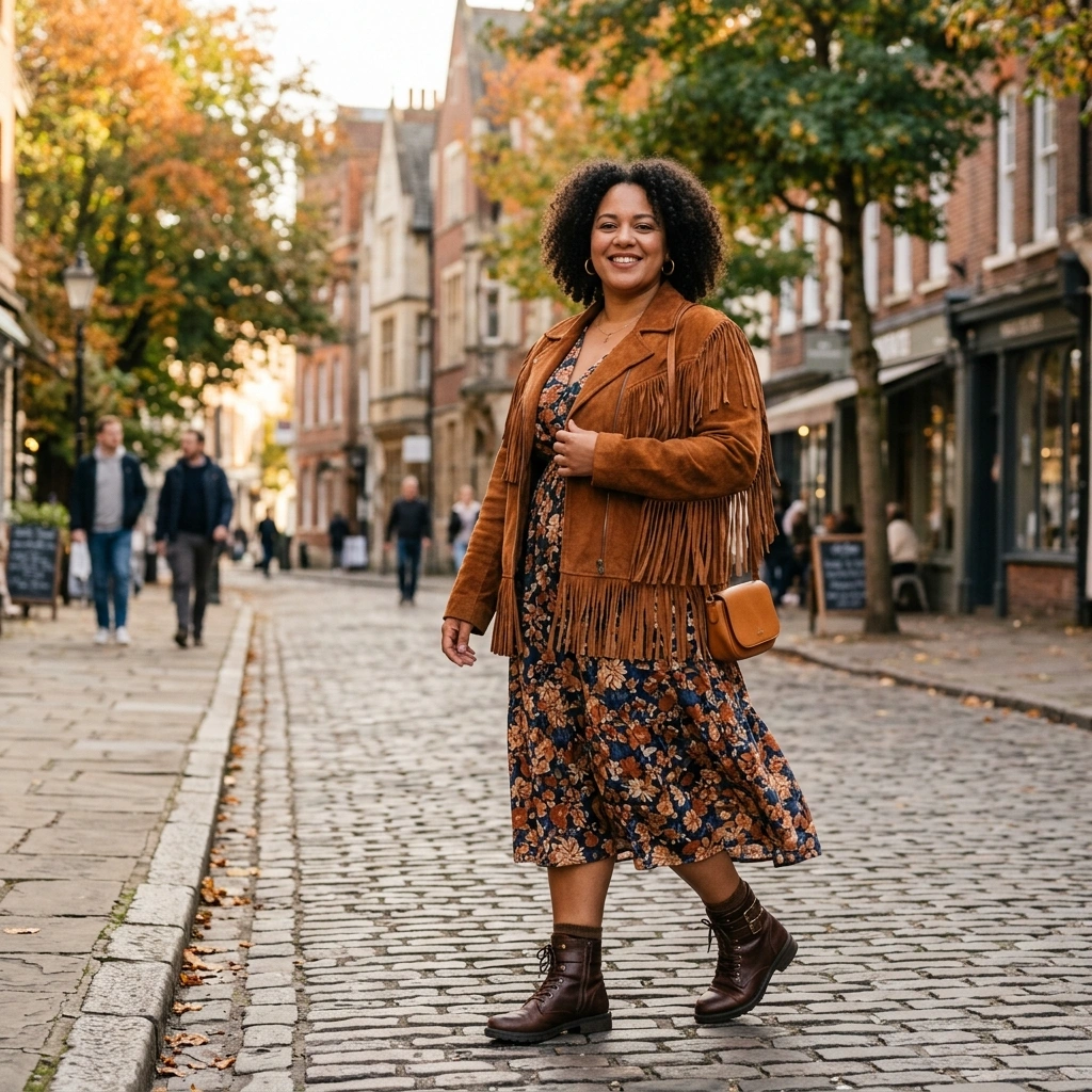 Suede Fringe Jacket & Midi Dress with Boots