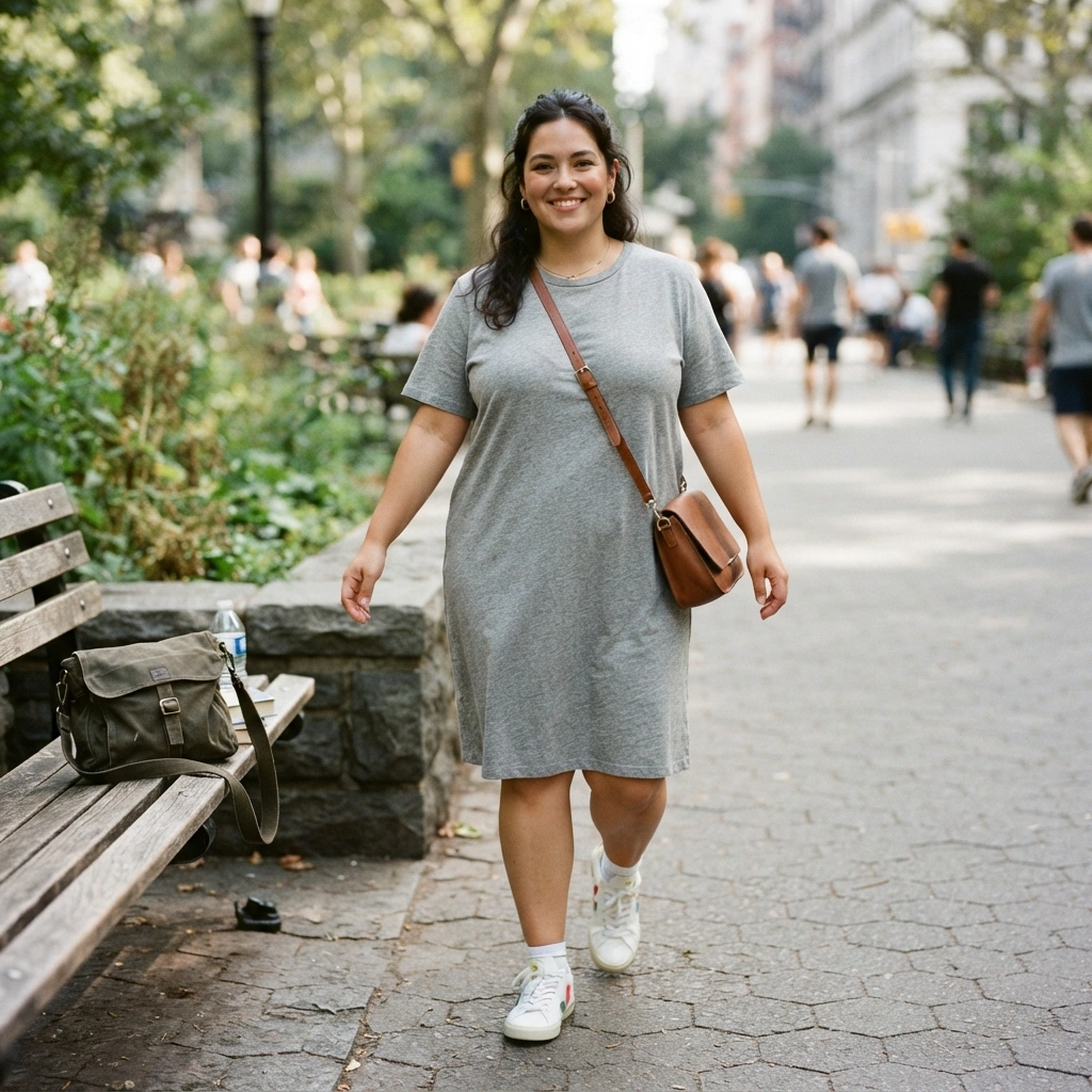 T-Shirt Dress & Sneakers with a Crossbody Bag