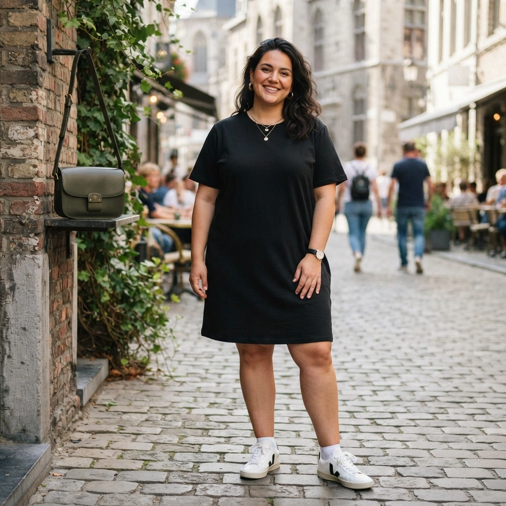 T-Shirt Dress & Sneakers with a Crossbody Bag