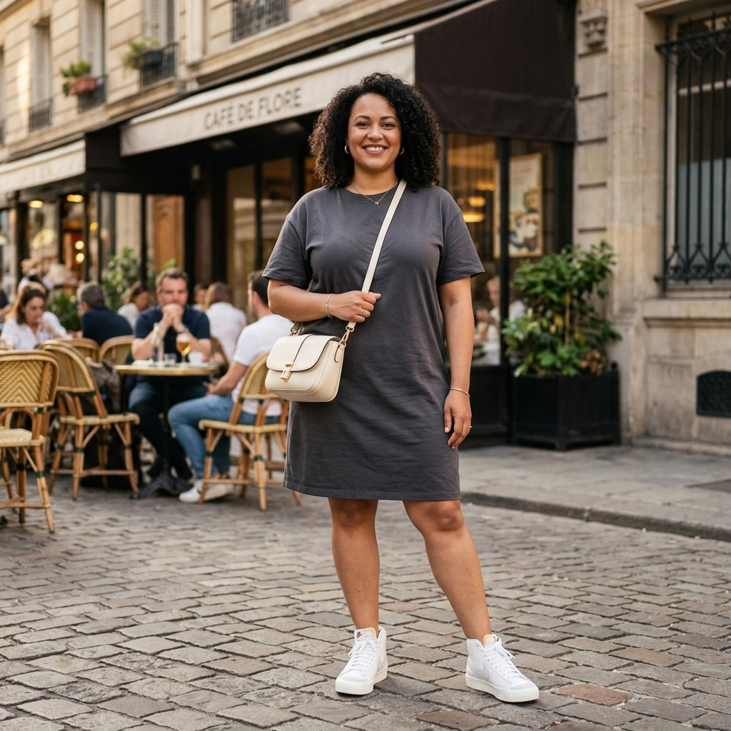 T-Shirt Dress & Sneakers with a Crossbody Bag