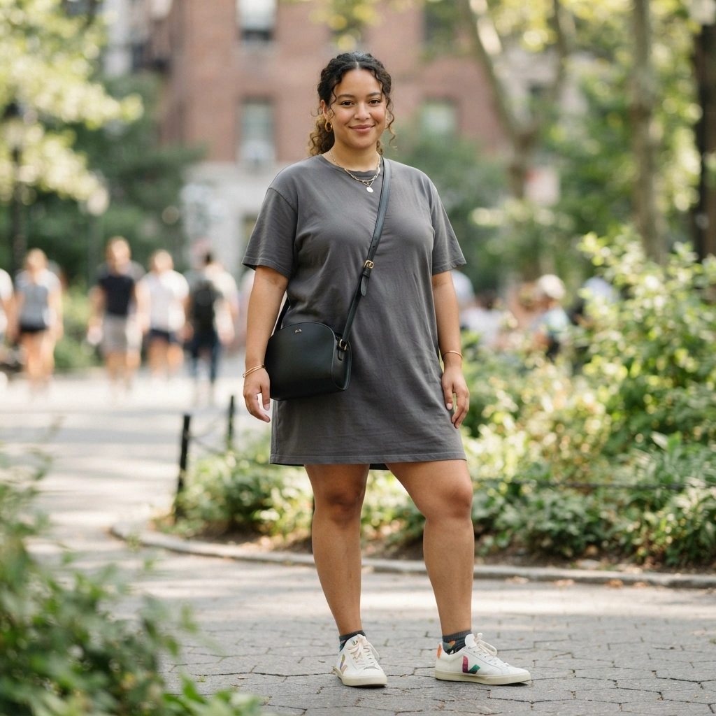 T-Shirt Dress and Sneakers with a Crossbody Bag