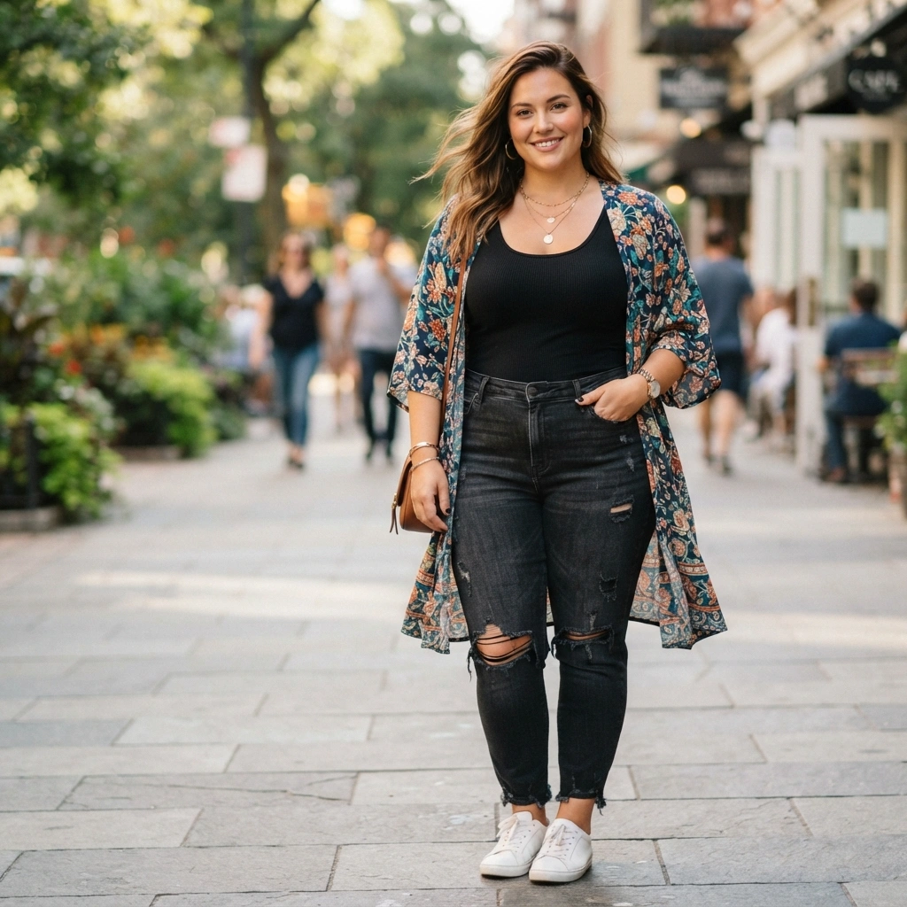 Tank Top and Ripped Jeans with a Kimono