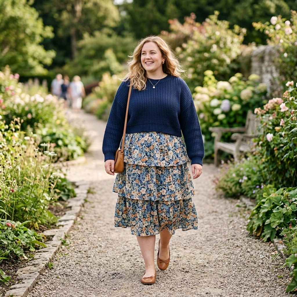 Tiered Skirt & Cropped Sweater with Ballet Flats