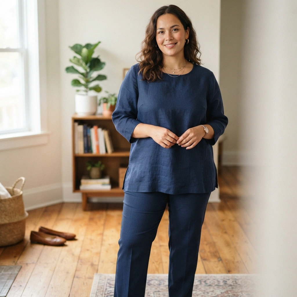 Tunic Top & Straight-Leg Pants with Flats