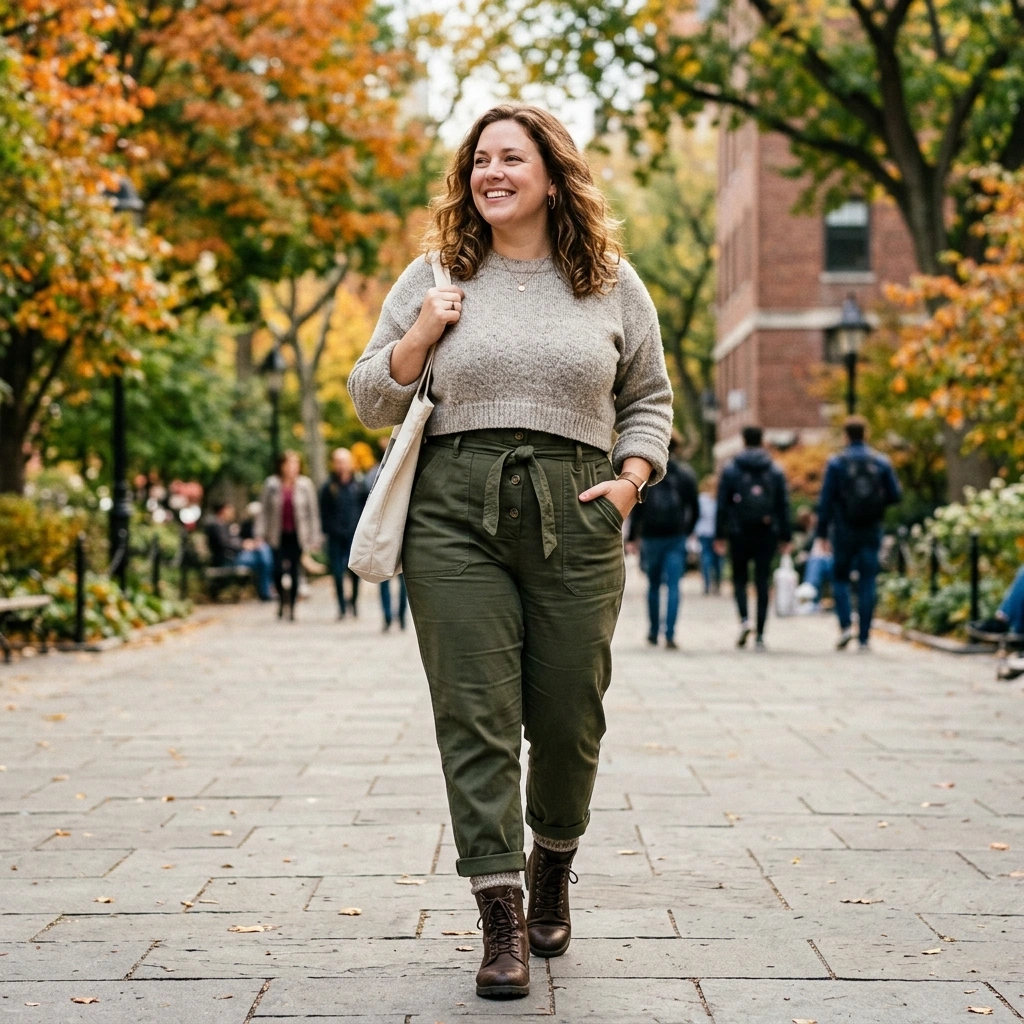 Utility Jumpsuit & Cropped Sweater with Boots