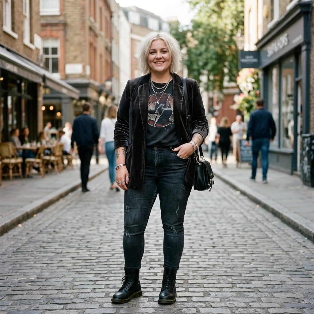 Velvet Blazer & Band Tee with Skinny Jeans