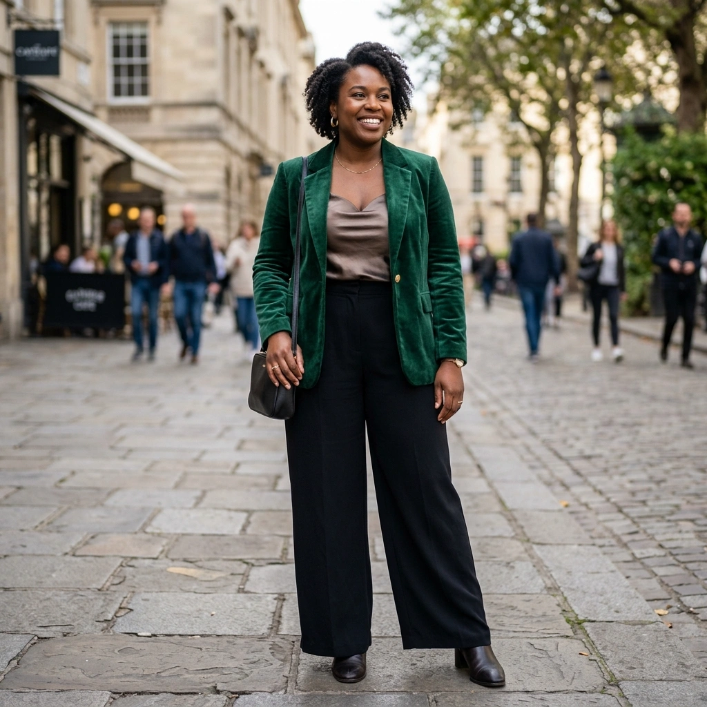 Velvet Blazer & Silk Camisole with Wide Pants