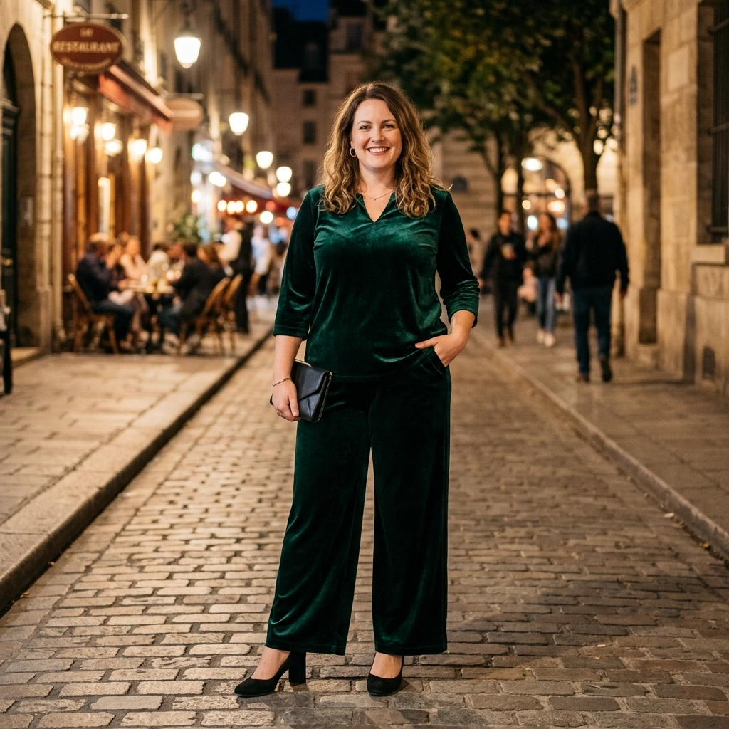 Velvet Blouse & Wide Leg Pants with Pumps